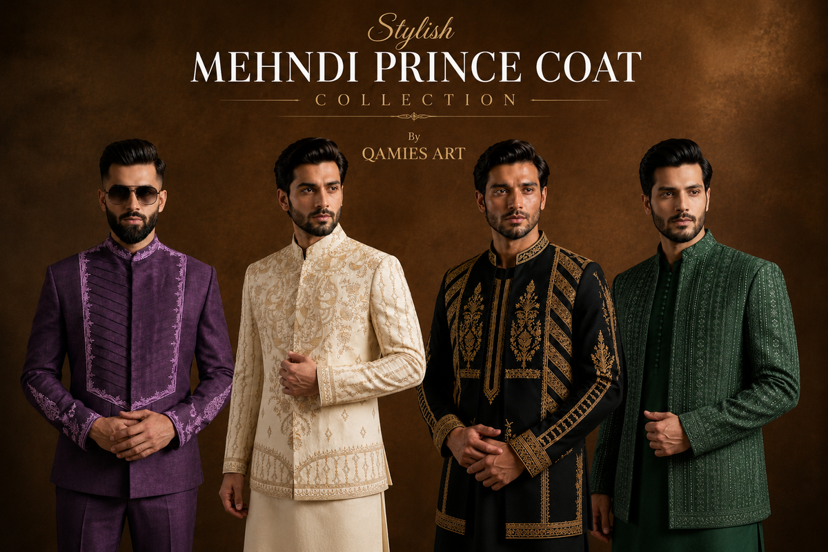 Stylish Mehndi Prince Coat Collection Online | Qamies Art