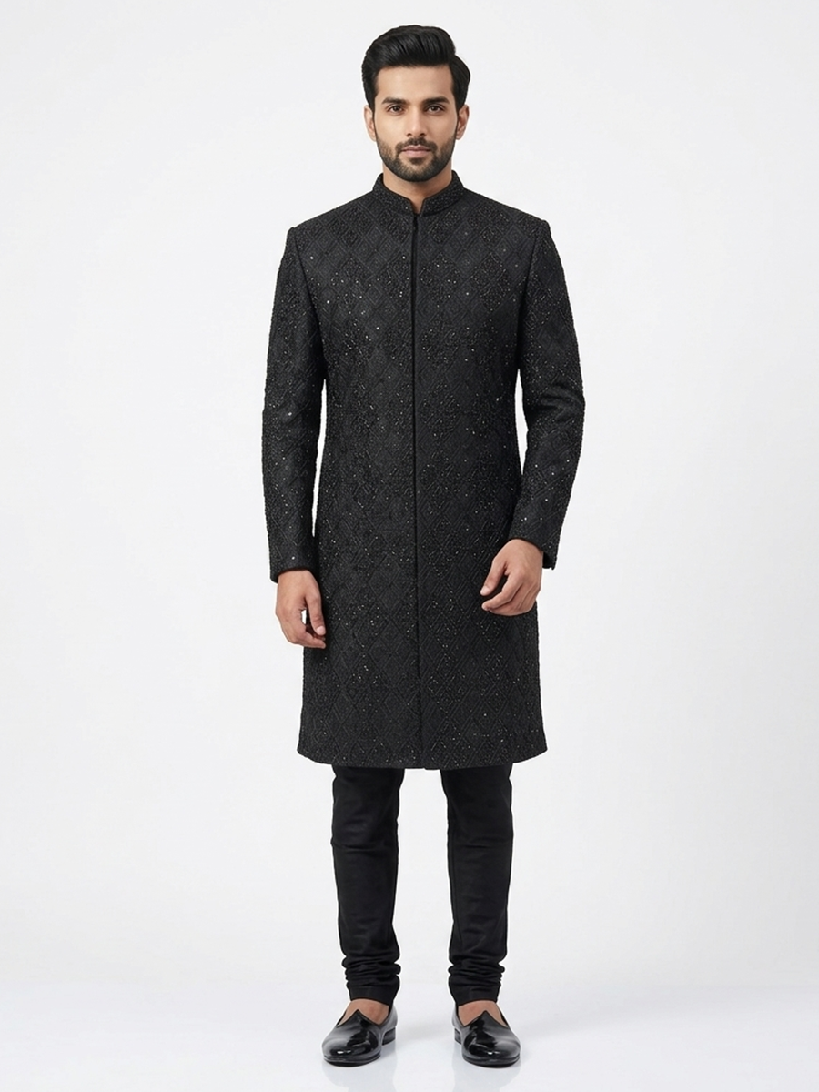 Black Diamond Embroidered pattern Wedding Sherwani | Hand Embroidery with Thread, Beads, Kora & Dabka