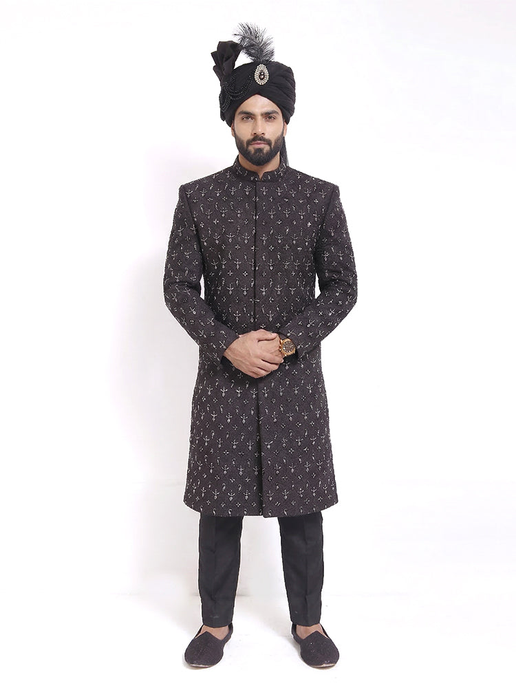 Black Machine Embroidered Sherwani with Hand Work & Black Organza Turban/Pagri