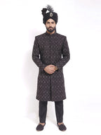 Black Machine Embroidered Sherwani with Hand Work & Black Organza Turban/Pagri