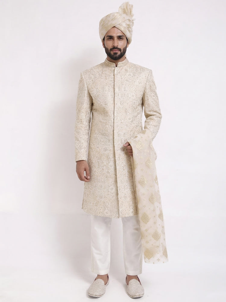 Beige Sherwani with Machine Pattern Embroidered & Hand Touch Embroidery with Banarsi Beige Turban