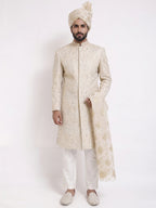 Beige Sherwani with Machine Pattern Embroidered & Hand Touch Embroidery with Banarsi Beige Turban