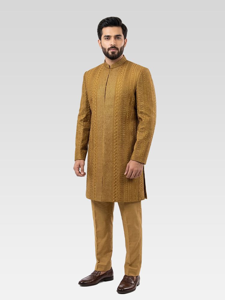 Mustard Thread Embroidered Wedding Sherwani with Golden Glitter Sequins