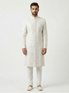 White Diamond Embroidered Pattern Wedding Sherwani | Hand Embroidery with Thread, Beads, Kora & Dabka