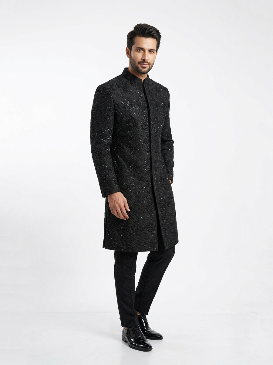 Black Diamond Embroidered pattern Wedding Sherwani | Hand Embroidery with Thread, Beads, Kora & Dabka