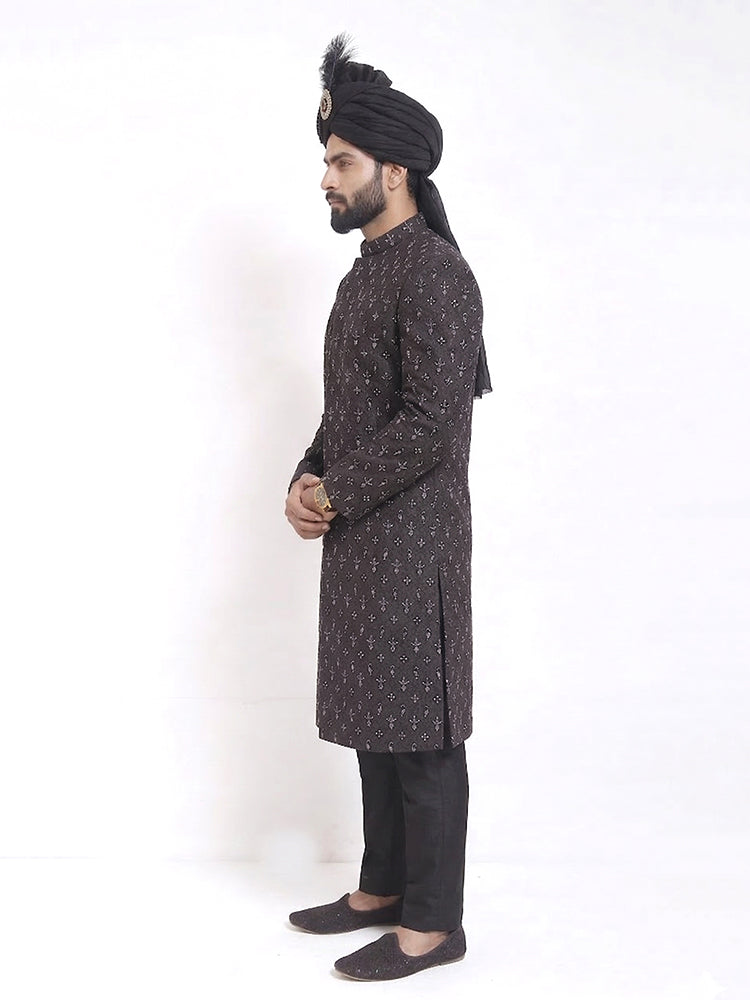 Black Machine Embroidered Sherwani with Hand Work & Black Organza Turban/Pagri