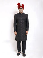 Black Diamond Embroidered Pattern Sherwani | Hand Embroidery with Reddish Organza Turban