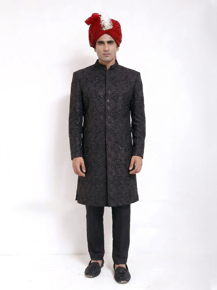 Black Diamond Embroidered Pattern Sherwani | Hand Embroidery with Reddish Organza Turban