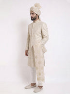 Beige Sherwani with Machine Pattern Embroidered & Hand Touch Embroidery with Banarsi Beige Turban