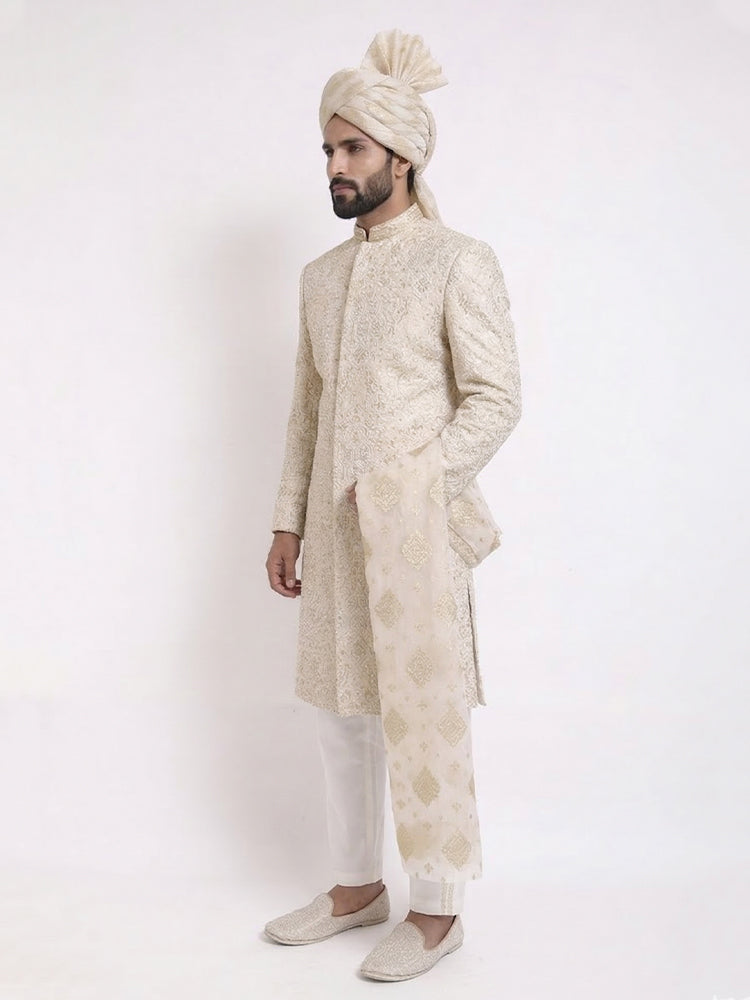Beige Sherwani with Machine Pattern Embroidered & Hand Touch Embroidery with Banarsi Beige Turban