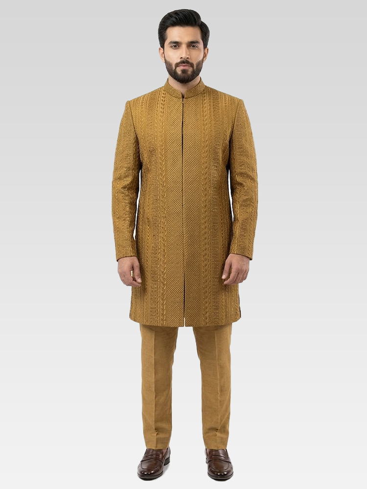 Mustard Thread Embroidered Wedding Sherwani with Golden Glitter Sequins
