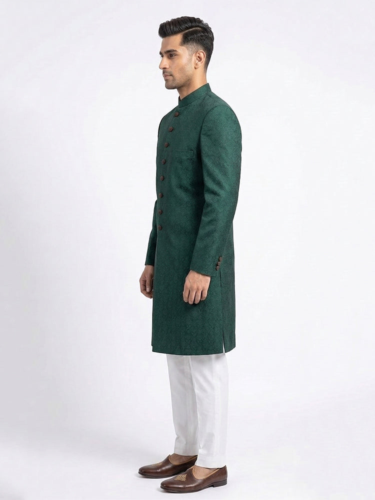 Emerald Green Hand Loomed Jamawar Sherwani