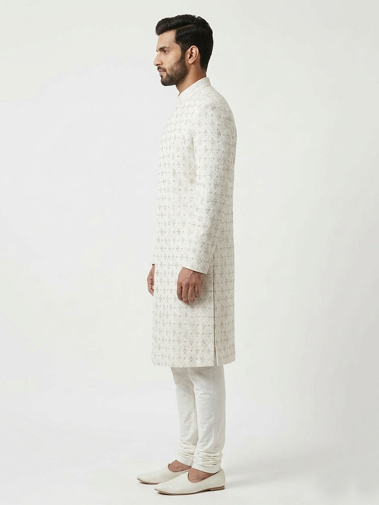 White Diamond Embroidered Pattern Wedding Sherwani | Hand Embroidery with Thread, Beads, Kora & Dabka