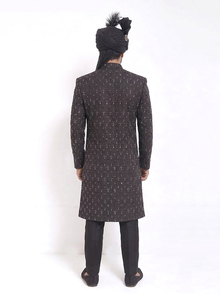 Black Machine Embroidered Sherwani with Hand Work & Black Organza Turban/Pagri