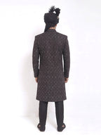 Black Machine Embroidered Sherwani with Hand Work & Black Organza Turban/Pagri