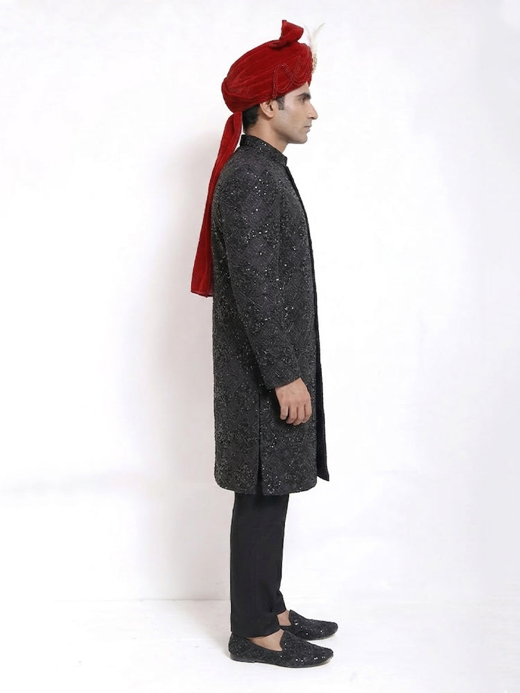 Black Diamond Embroidered Pattern Sherwani | Hand Embroidery with Reddish Organza Turban