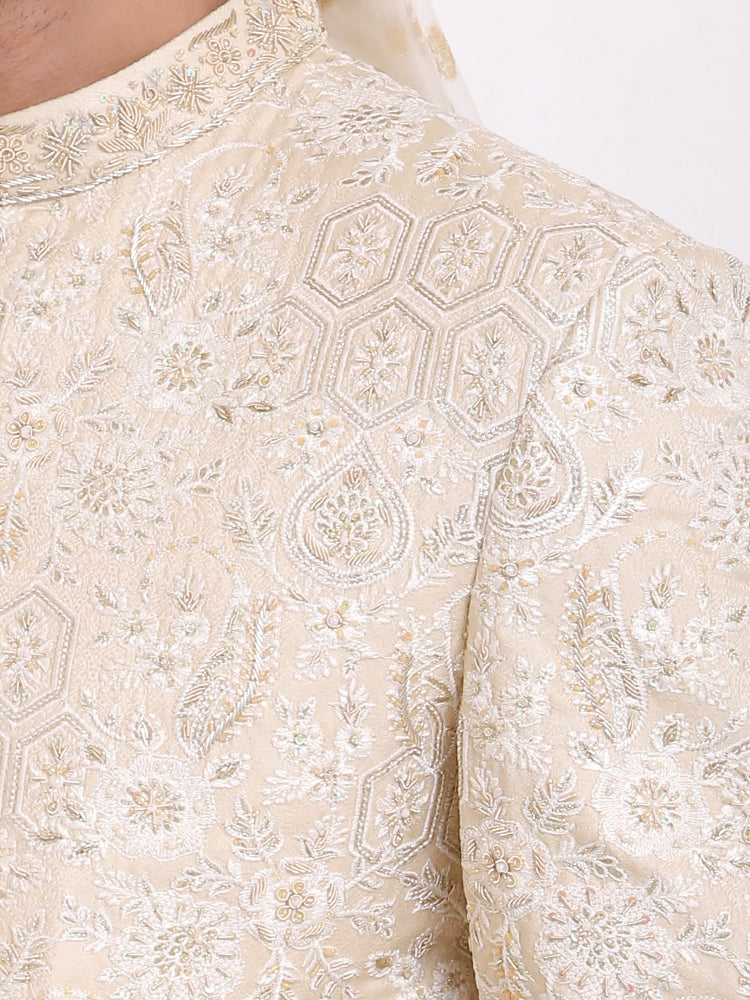 Beige Sherwani with Machine Pattern Embroidered & Hand Touch Embroidery with Banarsi Beige Turban