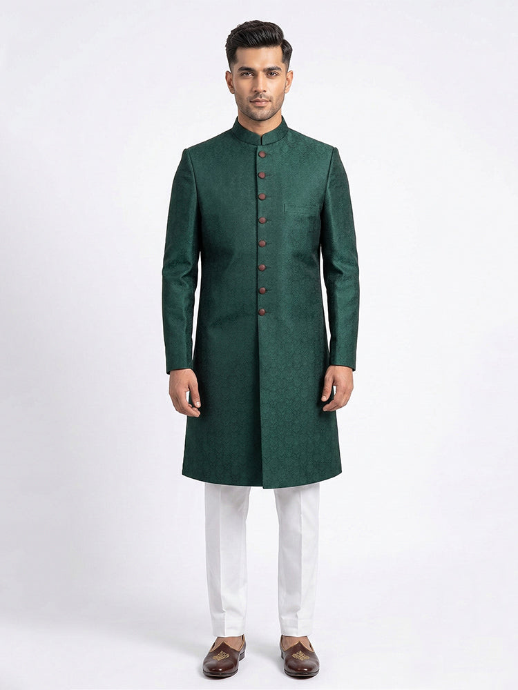 Emerald Green Hand Loomed Jamawar Sherwani