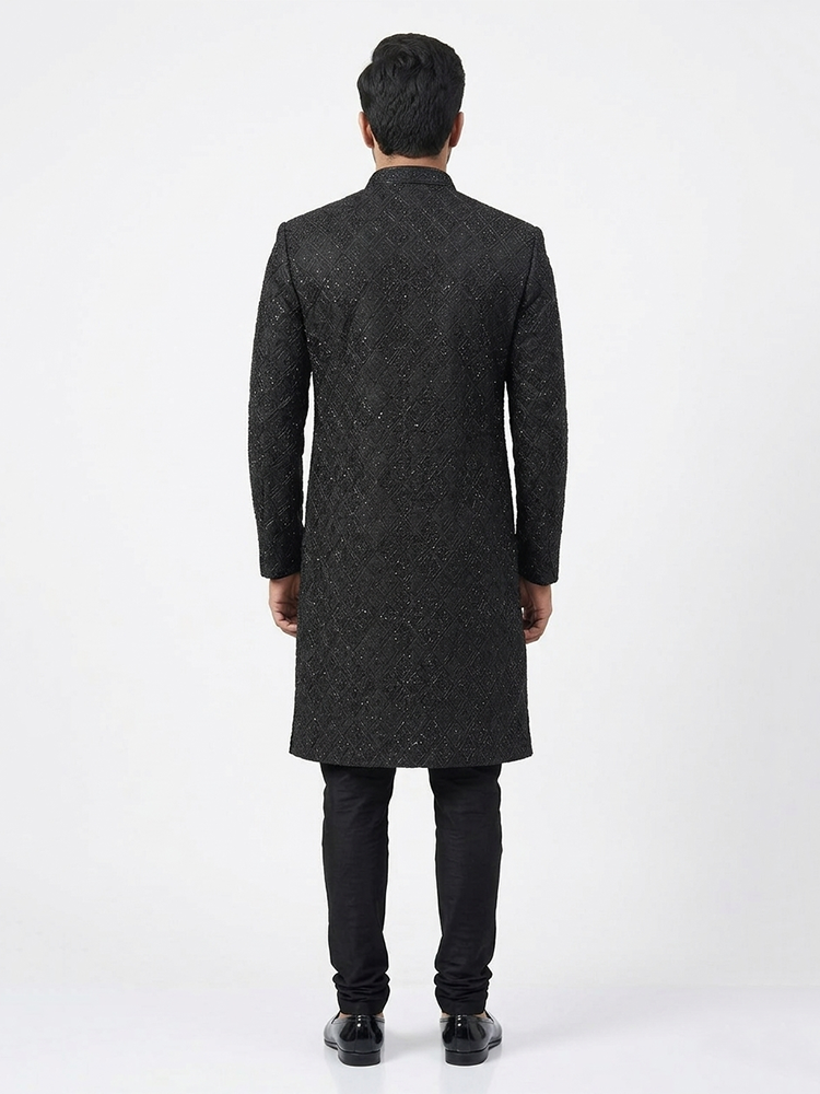 Black Diamond Embroidered pattern Wedding Sherwani | Hand Embroidery with Thread, Beads, Kora & Dabka
