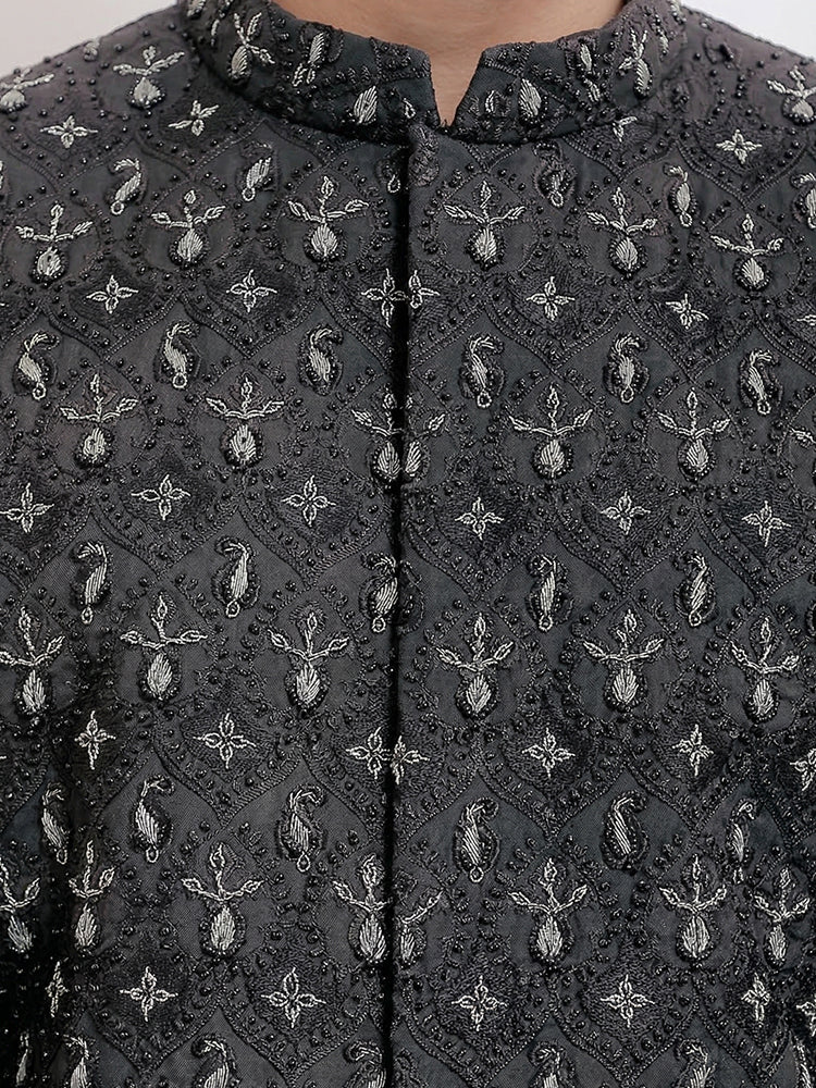 Black Machine Embroidered Sherwani with Hand Work & Black Organza Turban/Pagri