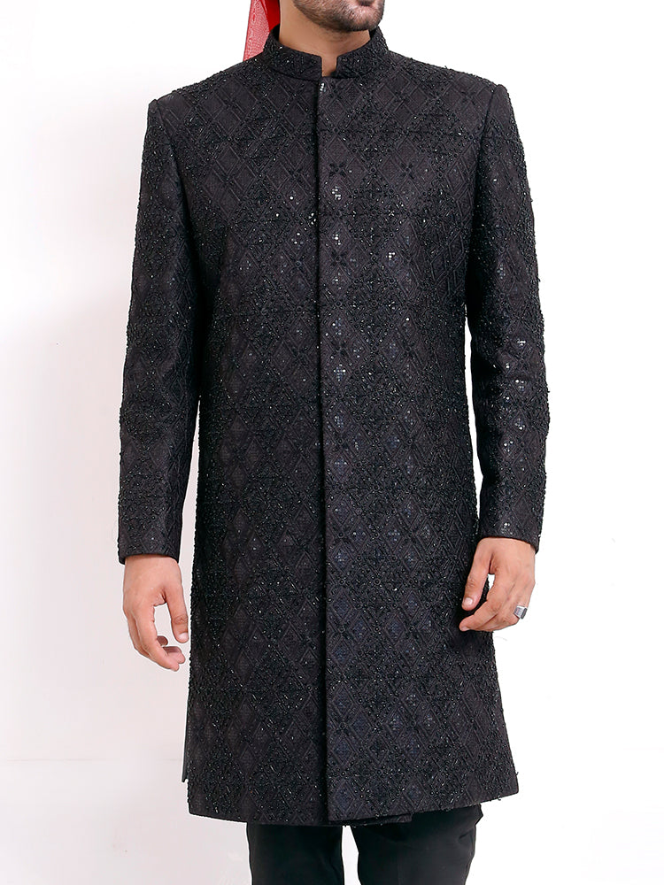 Black Diamond Embroidered Pattern Sherwani | Hand Embroidery with Reddish Organza Turban
