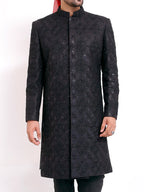 Black Diamond Embroidered Pattern Sherwani | Hand Embroidery with Reddish Organza Turban