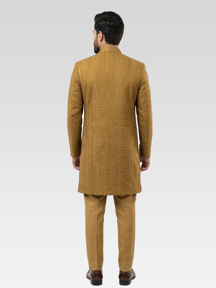 Mustard Thread Embroidered Wedding Sherwani with Golden Glitter Sequins