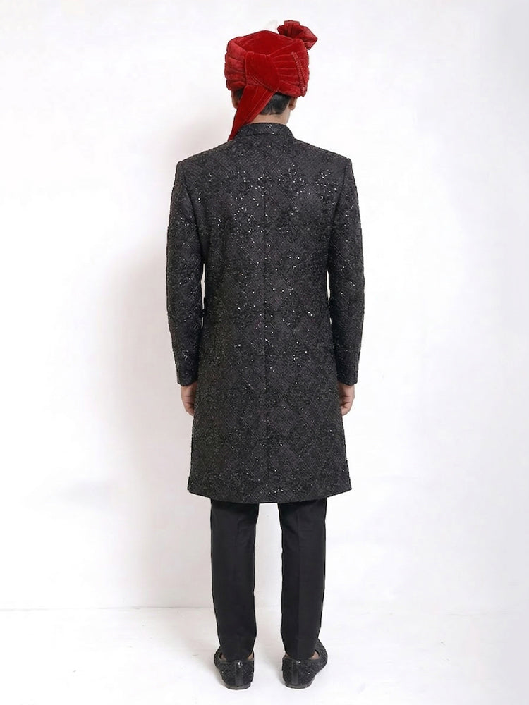 Black Diamond Embroidered Pattern Sherwani | Hand Embroidery with Reddish Organza Turban