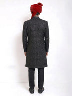 Black Diamond Embroidered Pattern Sherwani | Hand Embroidery with Reddish Organza Turban