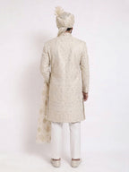 Beige Sherwani with Machine Pattern Embroidered & Hand Touch Embroidery with Banarsi Beige Turban