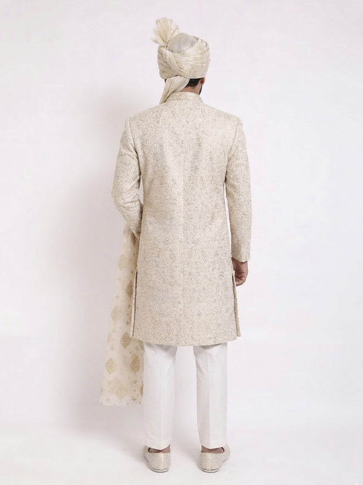 Beige Sherwani with Machine Pattern Embroidered & Hand Touch Embroidery with Banarsi Beige Turban