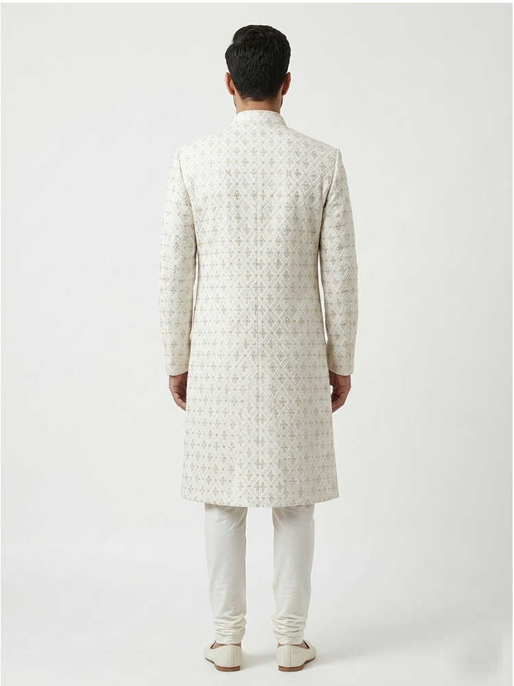 White Diamond Embroidered Pattern Wedding Sherwani | Hand Embroidery with Thread, Beads, Kora & Dabka