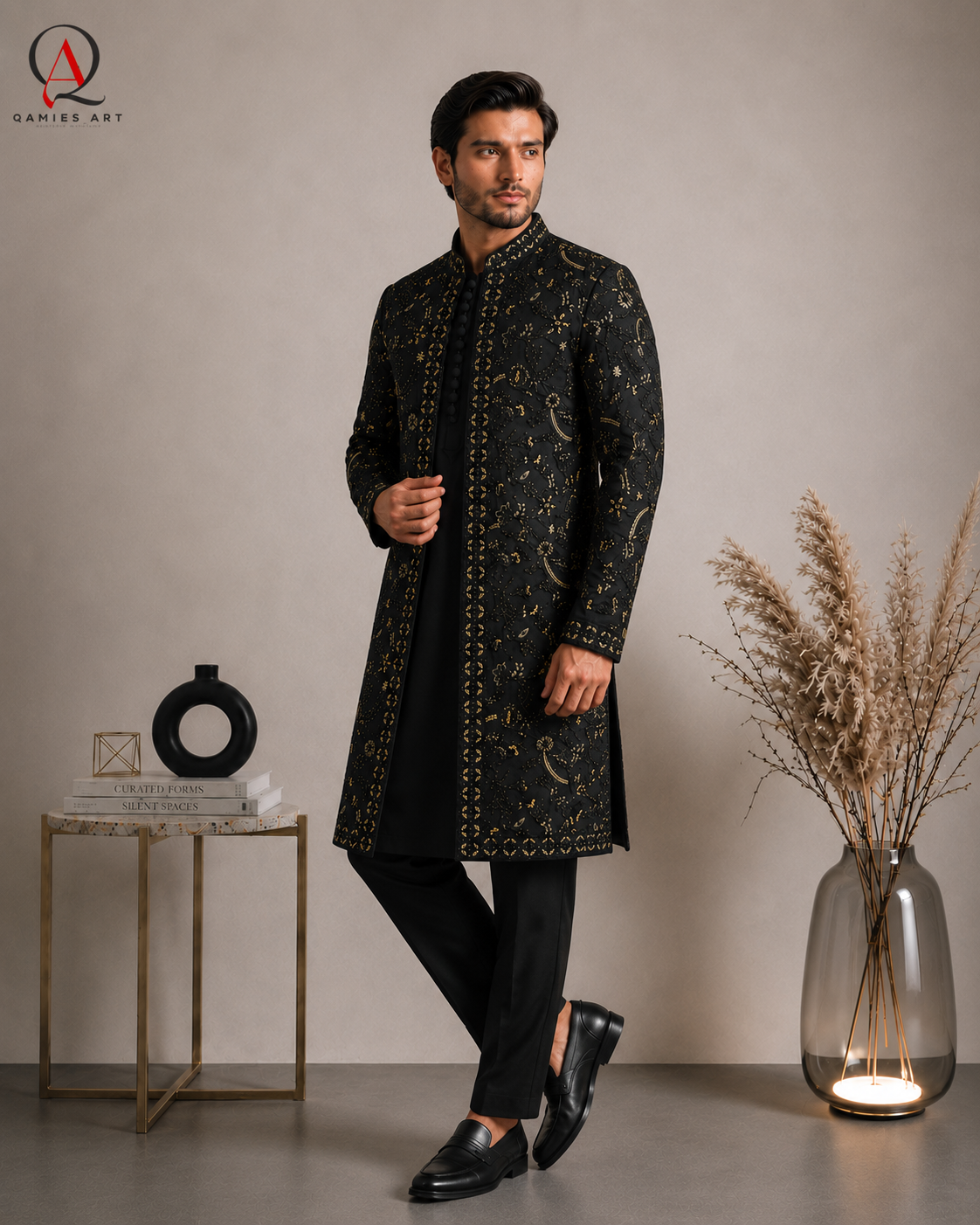 Black Embroidered Sherwani for Men | Machine & Hand Embroidery with Tilla, Kora Dabka & Beads
