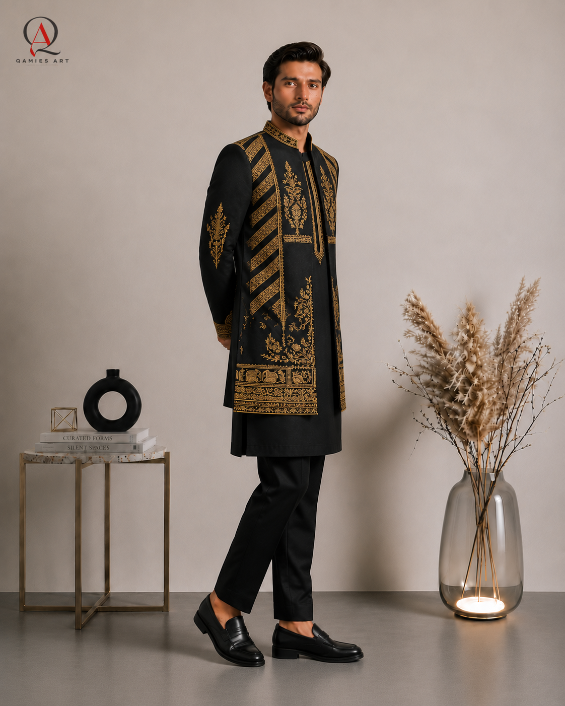 Embroidered Prince Coat with Machine Embroidered Kurta & Trouser Set for Men