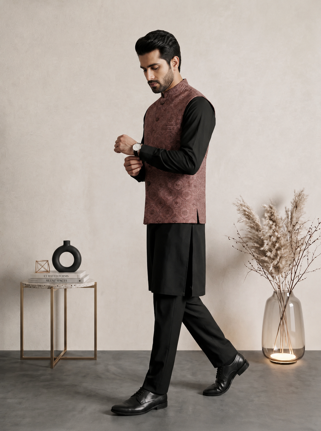 Royal Dusty Rose Formal Waistcoat with Machine Thread Embroidery