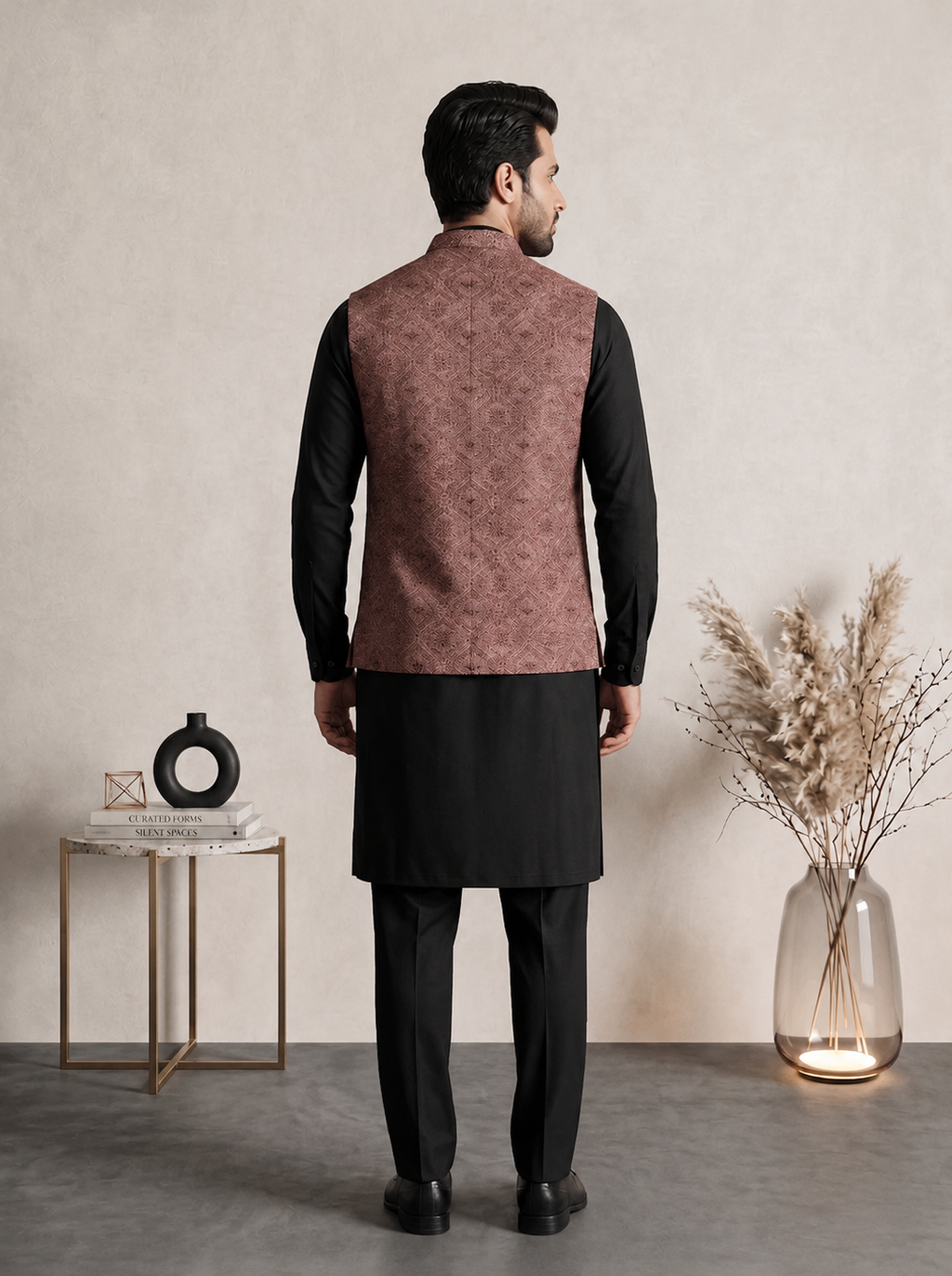 Royal Dusty Rose Formal Waistcoat with Machine Thread Embroidery
