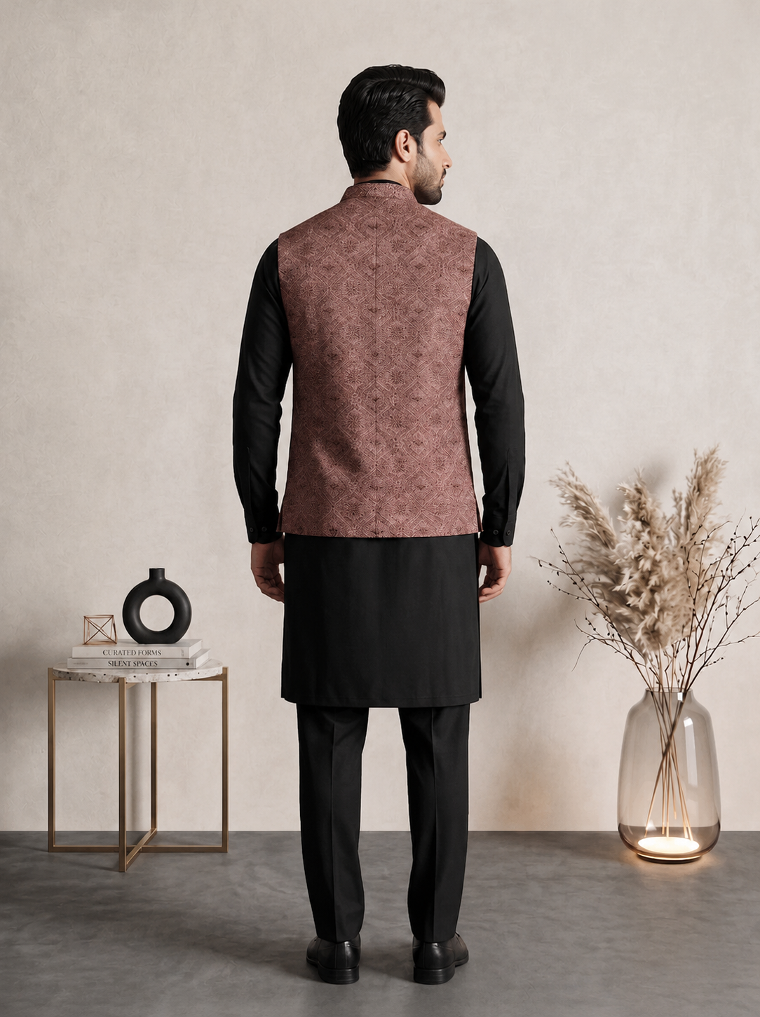 Royal Dusty Rose Formal Waistcoat with Machine Thread Embroidery