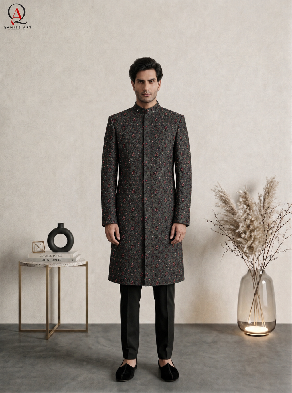 Qamies Art Royal Black Thread Jaal Sherwani with Handcrafted Kora Dabka, Maroon Beadwork & Luxury Hand Embroidery
