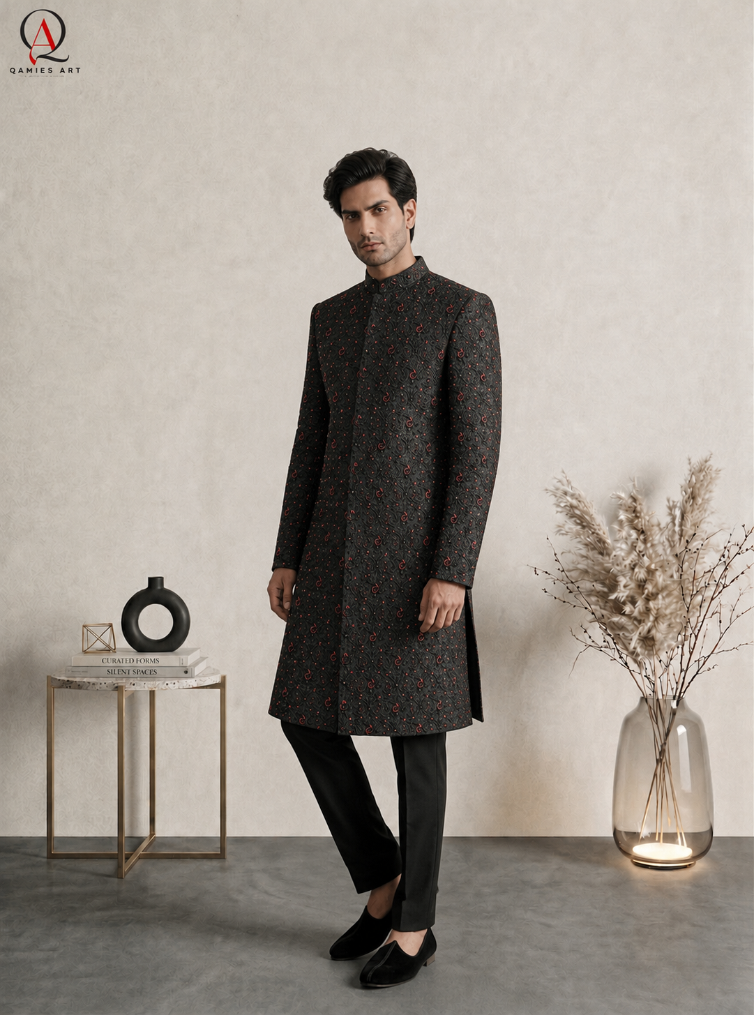 Qamies Art Royal Black Thread Jaal Sherwani with Handcrafted Kora Dabka, Maroon Beadwork & Luxury Hand Embroidery