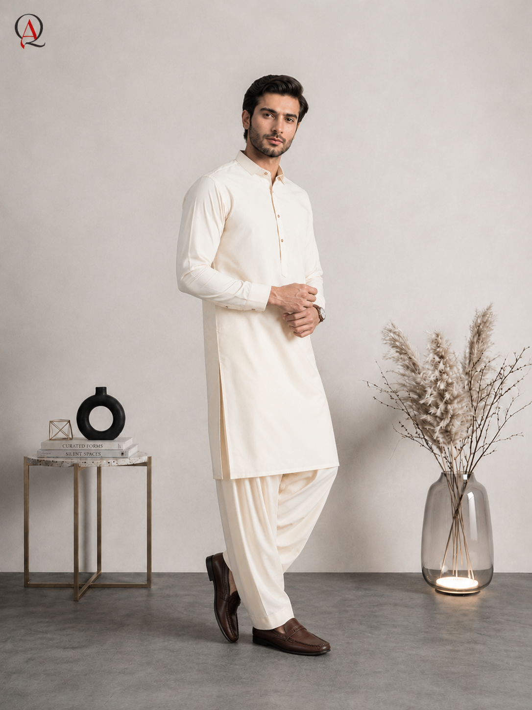 Qamies Art Cream Shalwar Kameez For Men