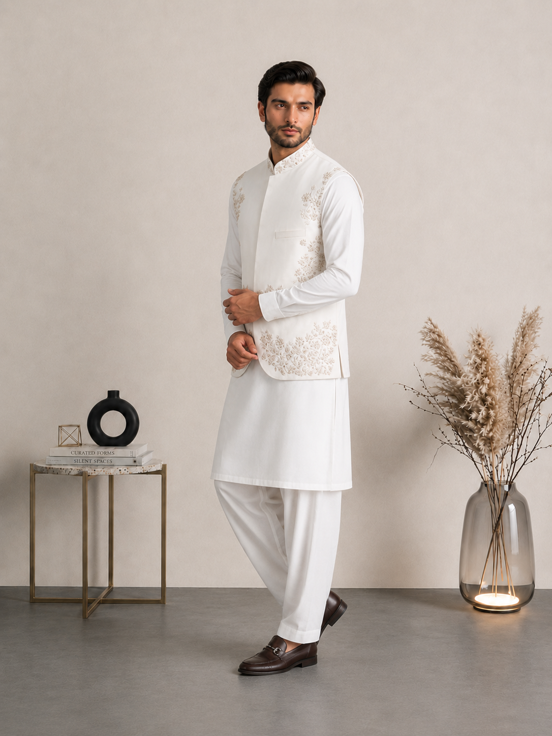 Off White Pure Raw Silk Waistcoat with 100% Hand Embroidery