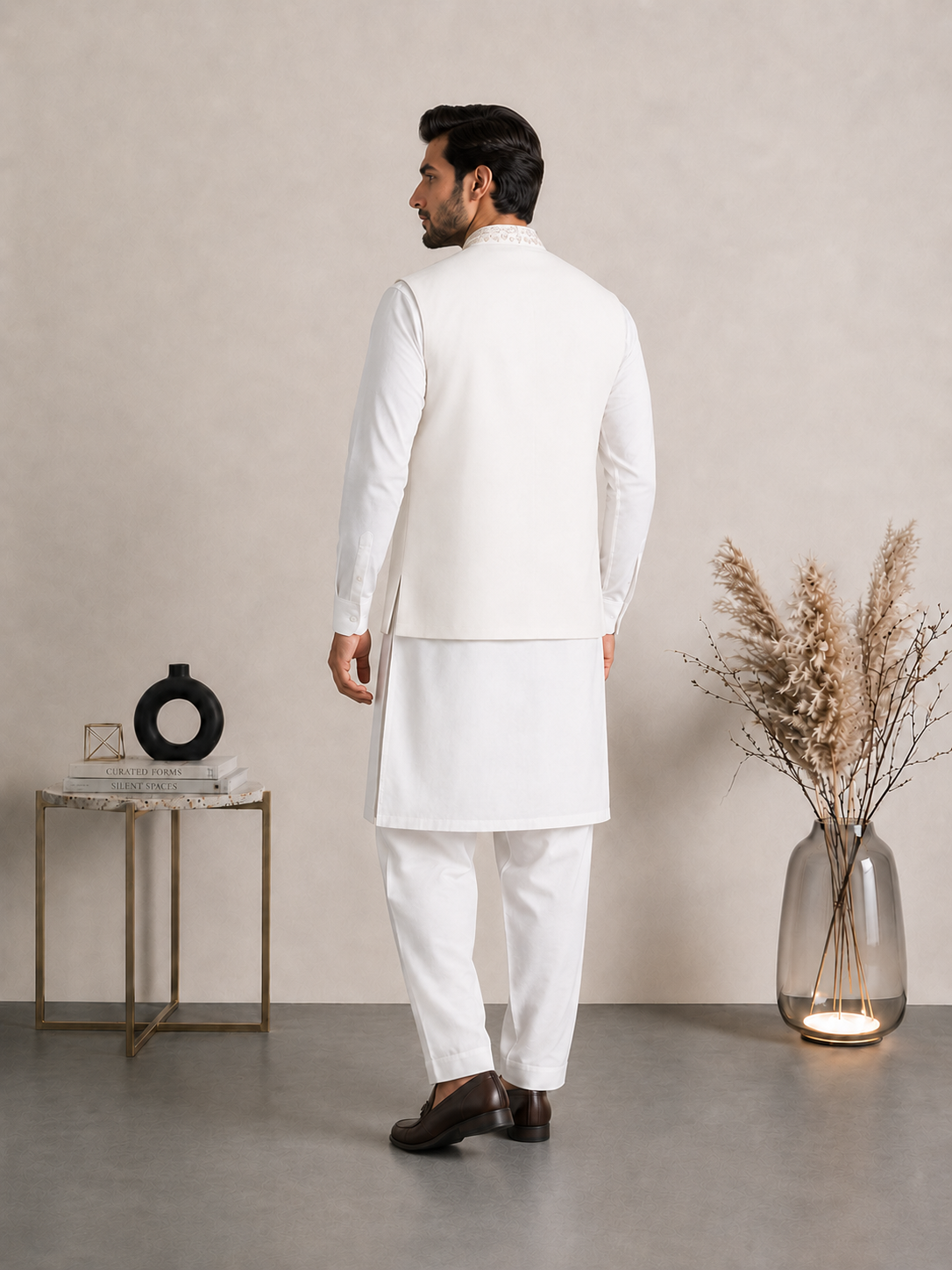 Off White Pure Raw Silk Waistcoat with 100% Hand Embroidery
