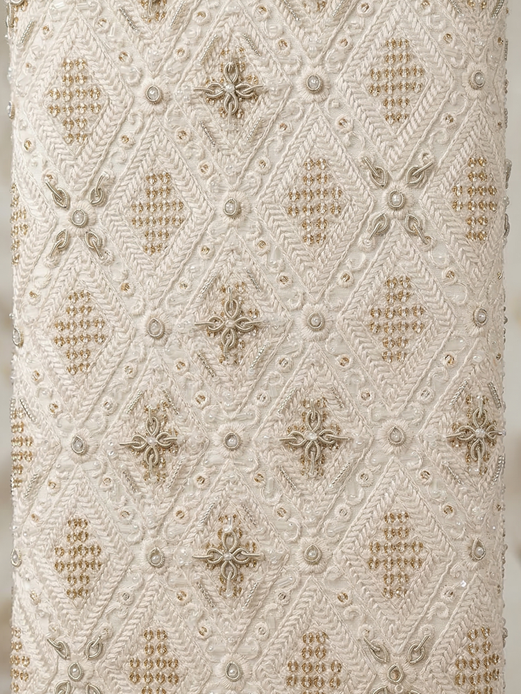 White Diamond Embroidered Pattern Wedding Sherwani | Hand Embroidery with Thread, Beads, Kora & Dabka