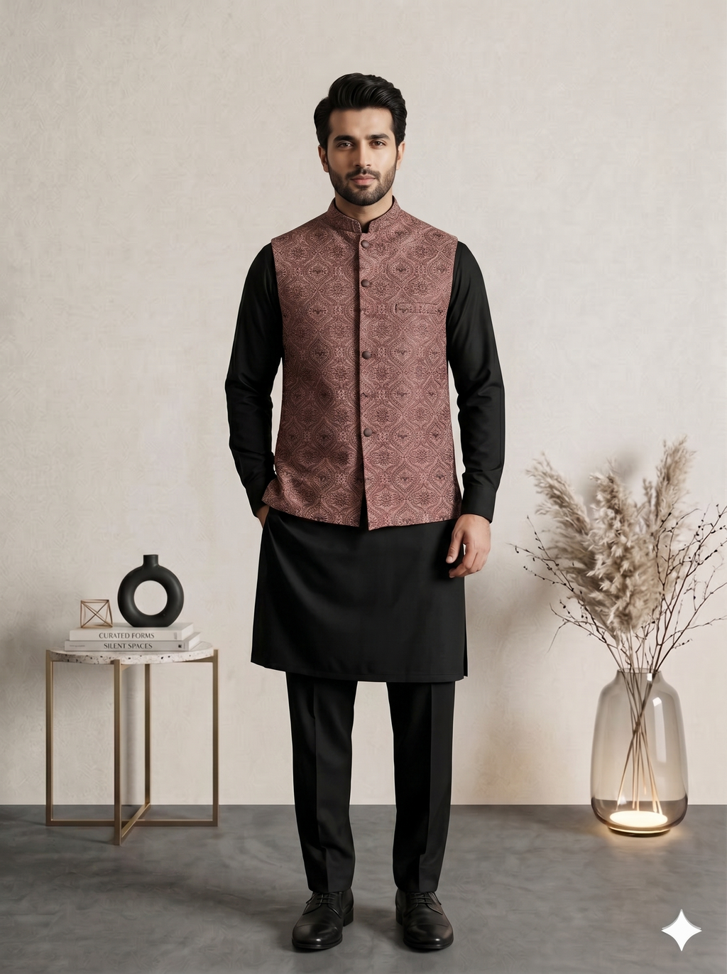 Royal Dusty Rose Formal Waistcoat with Machine Thread Embroidery