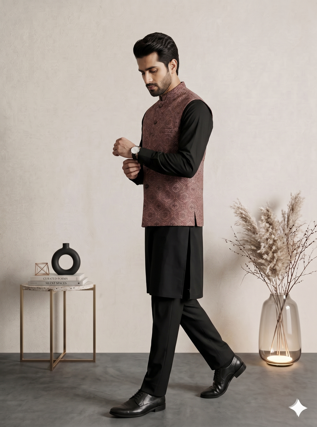 Royal Dusty Rose Formal Waistcoat with Machine Thread Embroidery