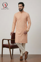 Peach Fancy Embroidery Kurta Set with Off White Trouser & Handmade Ball Buttons
