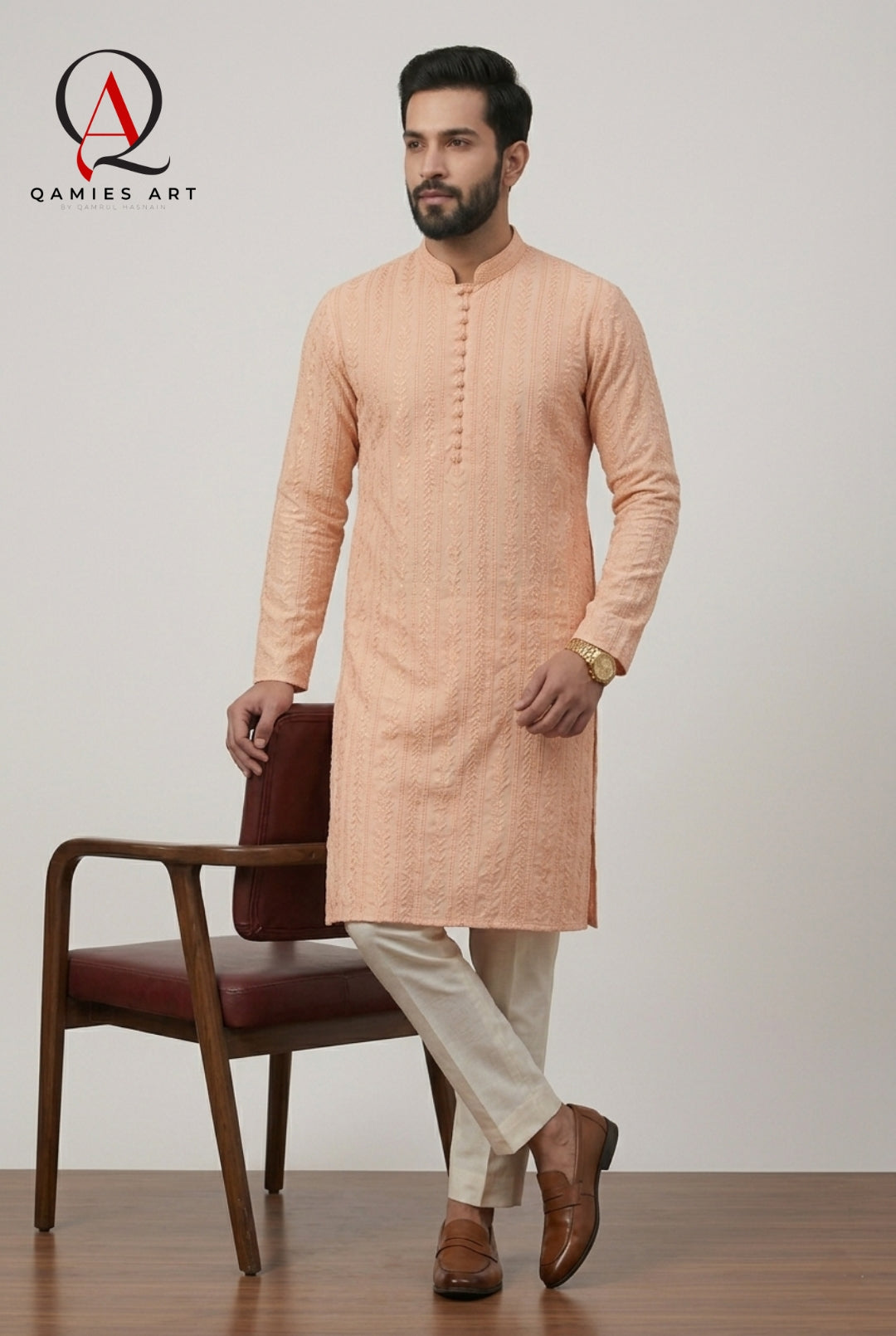 Peach Fancy Embroidery Kurta Set with Off White Trouser & Handmade Ball Buttons