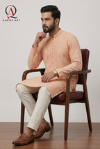 Peach Fancy Embroidery Kurta Set with Off White Trouser & Handmade Ball Buttons