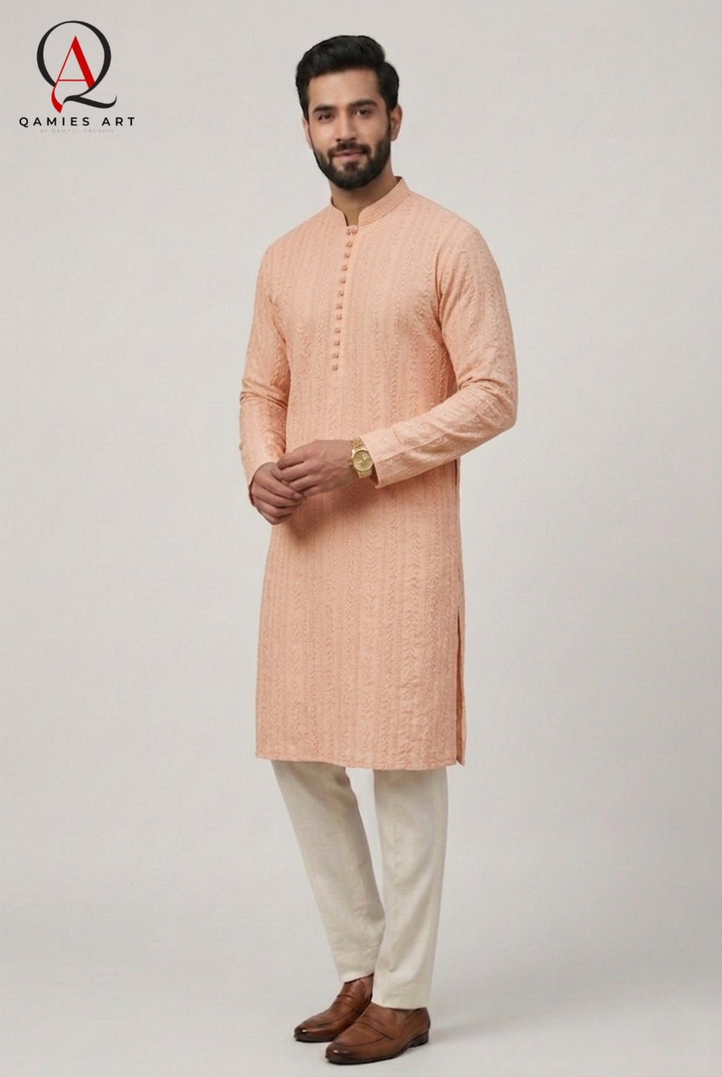 Peach Fancy Embroidery Kurta Set with Off White Trouser & Handmade Ball Buttons