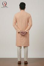 Peach Fancy Embroidery Kurta Set with Off White Trouser & Handmade Ball Buttons